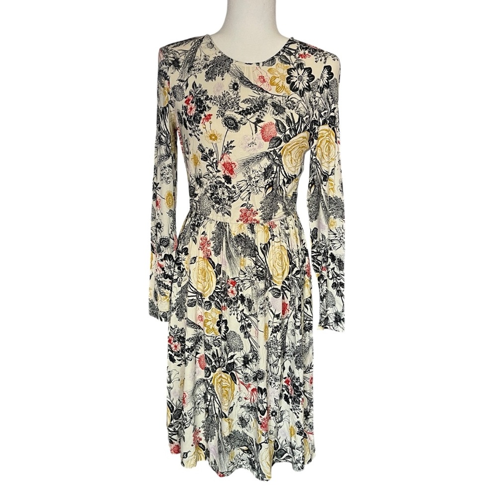 Modcloth Floral Long Sleeve Dress Stretch A Line Skater Roses Womens Small